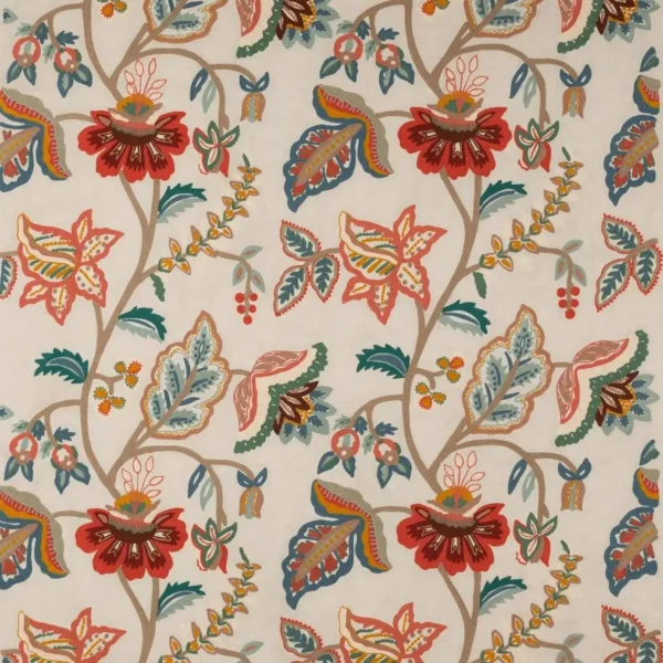 Somerton Fabric - Tomato / Blue by multicolour botanical embroideried fabric from Colefax & Fowler