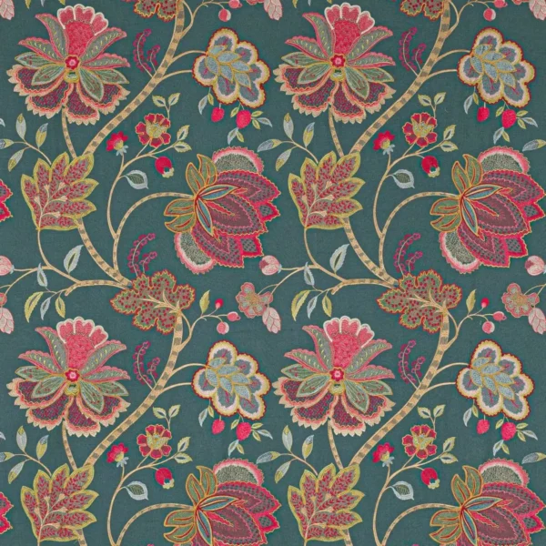 Baptista Linen Fabric - Teal by multicolour botanical embroideried fabric from Colefax & Fowler