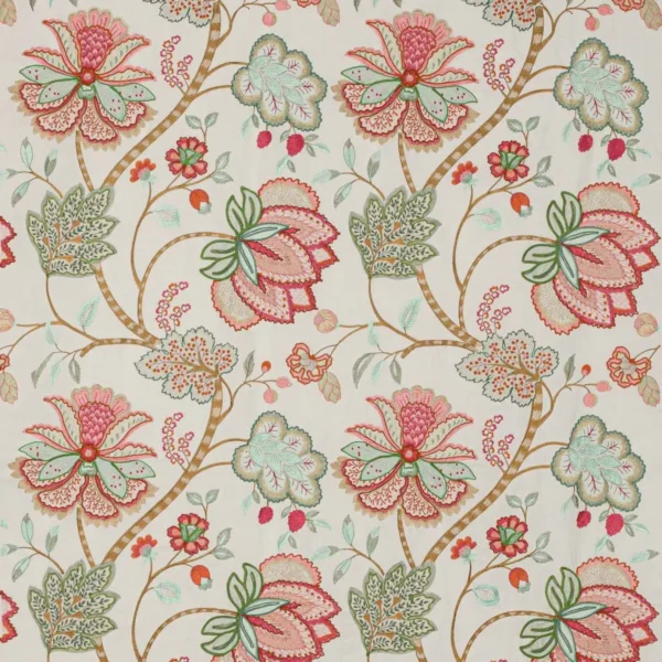 Baptista Linen Fabric - Coral / Green by green botanical embroideried fabric from Colefax & Fowler