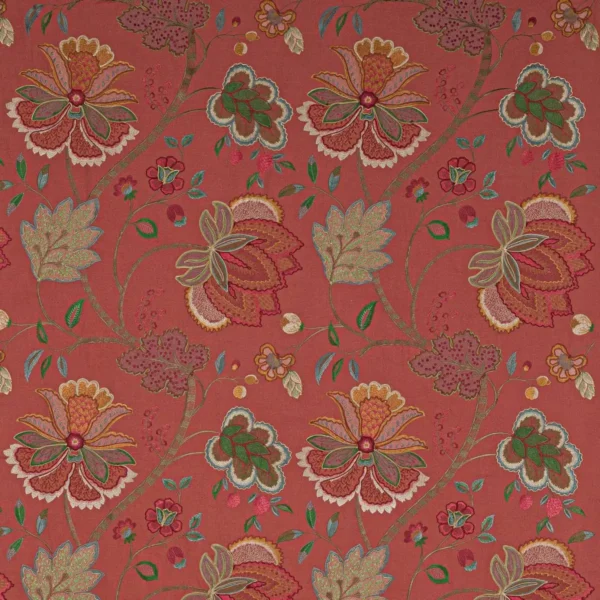Baptista Linen Fabric - Red by red botanical embroideried fabric from Colefax & Fowler
