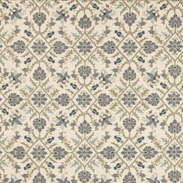 blue botanical embroideried fabric from Colefax & Fowler