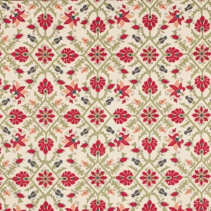 red botanical embroideried fabric from Colefax & Fowler