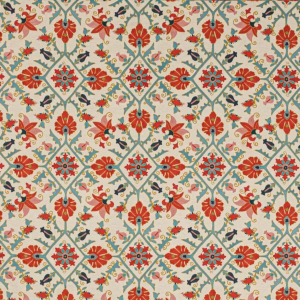 Pashley Fabric - Tomto / Aqua by red botanical embroideried fabric from Colefax & Fowler