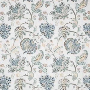 blue botanical embroideried fabric from Colefax & Fowler