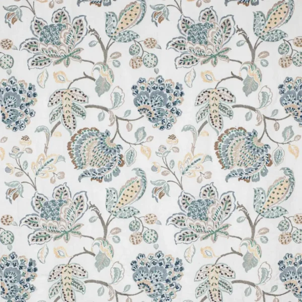 Braganza Fabric - Old Blue by blue botanical embroideried fabric from Colefax & Fowler
