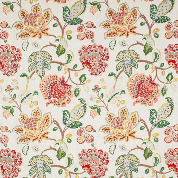 Braganza Fabric - Red / Green by multicolour botanical embroideried fabric from Colefax & Fowler