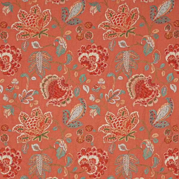 Braganza Fabric - Red by red botanical embroideried fabric from Colefax & Fowler