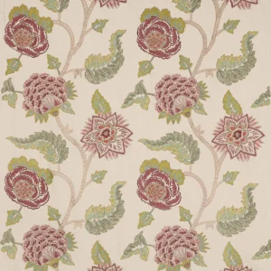 red botanical embroideried fabric from Colefax & Fowler