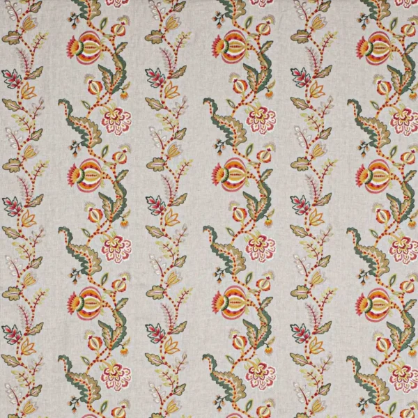 Ariadne Fabric - Red / Green by multicolour botanical embroideried fabric from Colefax & Fowler