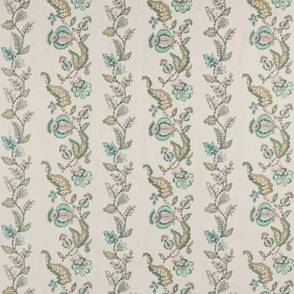 blue botanical embroideried fabric from Colefax & Fowler