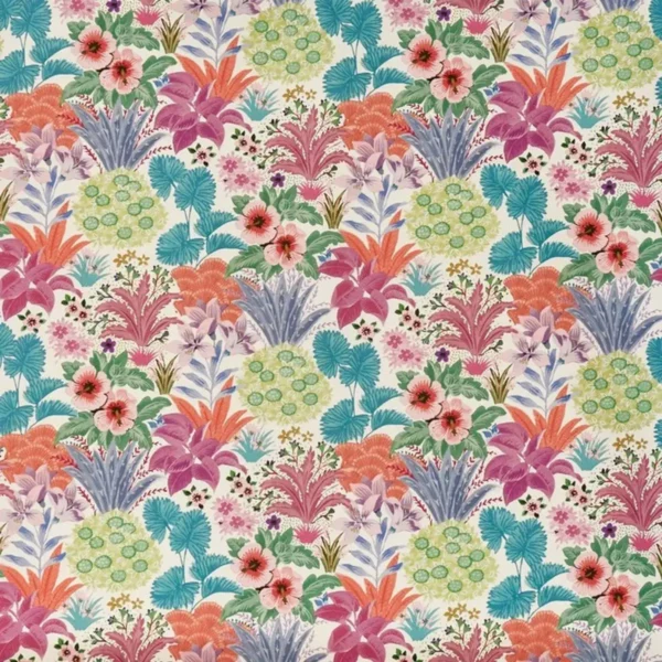 Kerala Fabric - Flamingo by multicolour botanical cotton fabric from Prestigious Textiles