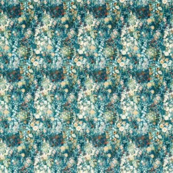 Rosedene Fabric - Denim / Spice by blue botanical velvet-chenille fabric from Studio G