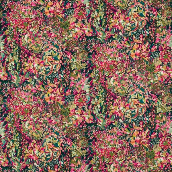Aubrey Fabric - Forest / Raspberry by multicolour botanical velvet-chenille fabric from Studio G