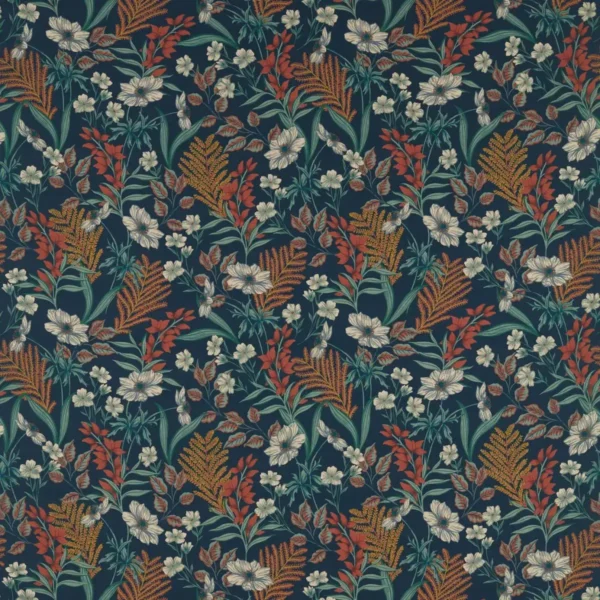 Hazelbury Fabric - Midnight / Spice by blue botanical cotton fabric from Studio G