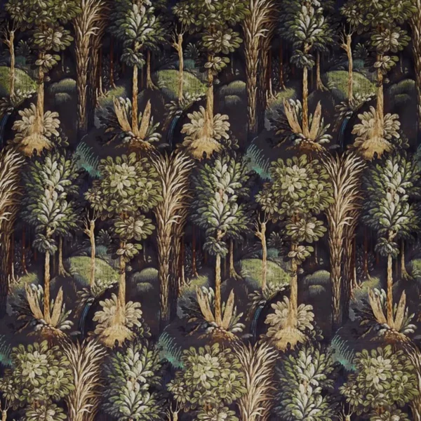 Forbidden Forest Fabric - Ebony by black-grey botanical velvet-chenille fabric from Prestigious Textiles