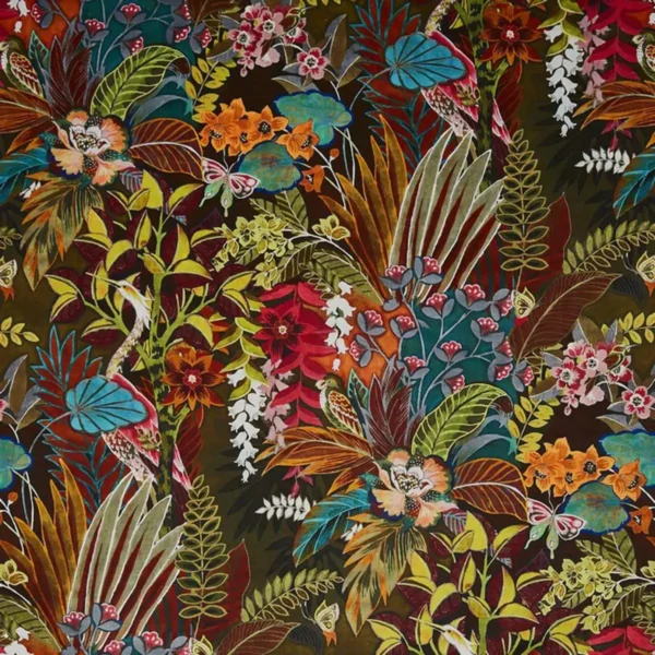Hidden Paradise Fabric - Calypso by multicolour botanical velvet-chenille fabric from Prestigious Textiles