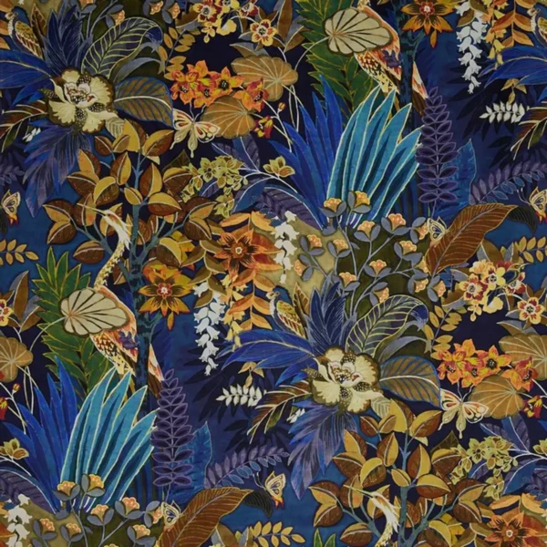 Hidden Paradise Fabric - Midnite by blue botanical velvet-chenille fabric from Prestigious Textiles