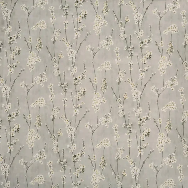 Almond Blossom Fabric - Pebble by black-grey botanical cotton fabric from Prestigious Textiles