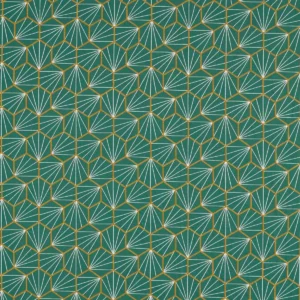 green geometric embroideried fabric from Scion