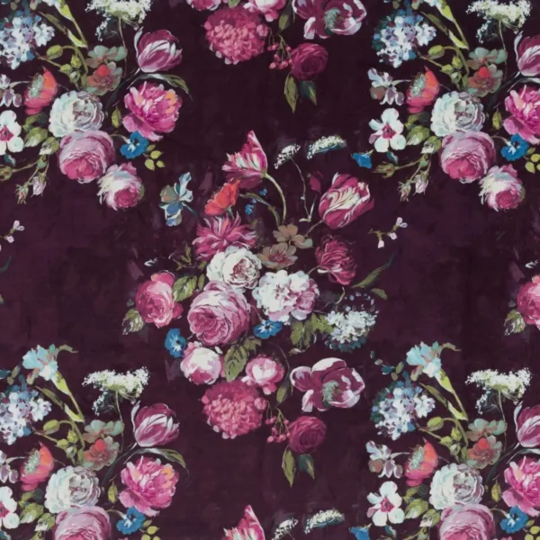 Danbury Fabric - Aubergine by multicolour botanical velvet-chenille fabric from Beaumont Textiles