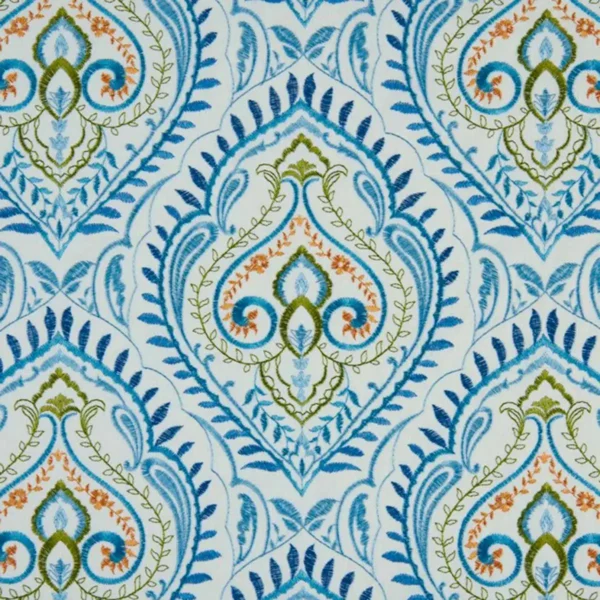 Arabesque Fabric - Teal by blue botanical embroideried fabric from Beaumont Textiles