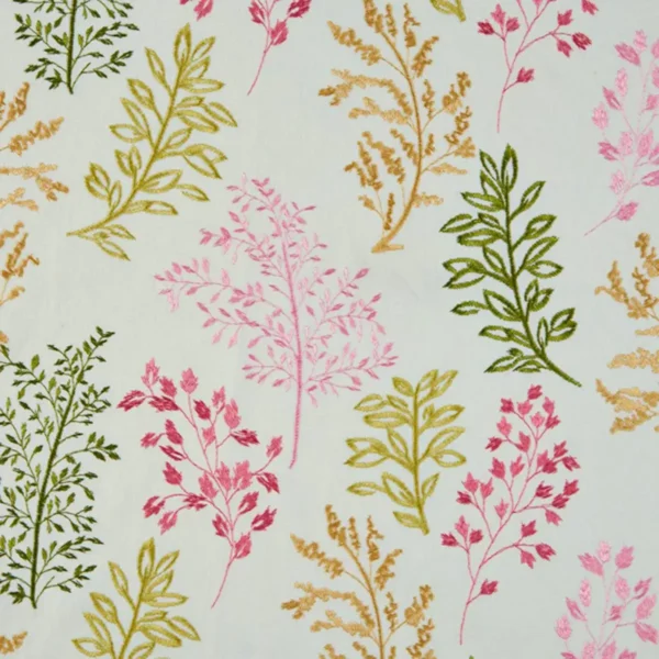 Juniper Fabric - Rose by multicolour botanical embroideried fabric from Beaumont Textiles