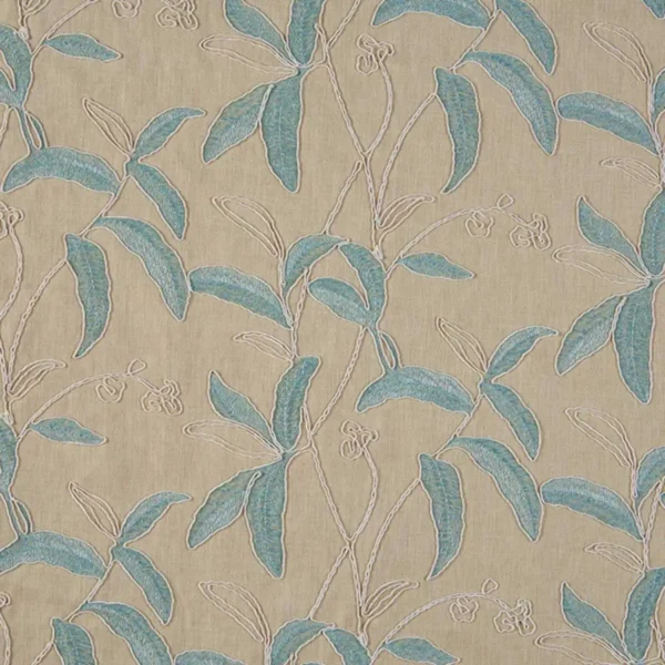 Menara Fabric - Aquamarine by blue botanical embroideried fabric from Beaumont Textiles