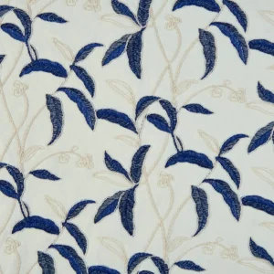 blue botanical embroideried fabric from Beaumont Textiles