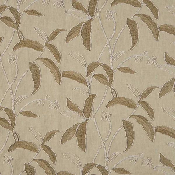 Menara Fabric - Natural by brown botanical embroideried fabric from Beaumont Textiles