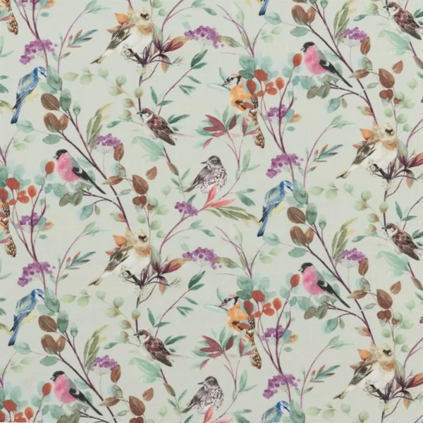 Songbirds Fabric - Berry by green botanical cotton fabric from Beaumont Textiles