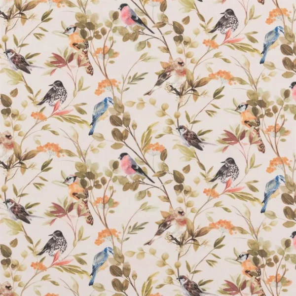 Songbirds Fabric - Spring by orange botanical cotton fabric from Beaumont Textiles