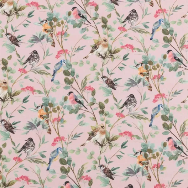 Songbirds Fabric - Summer by pink botanical cotton fabric from Beaumont Textiles
