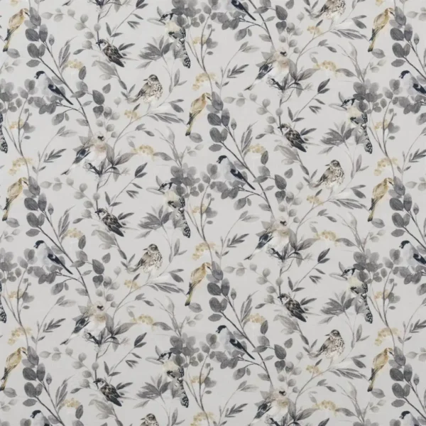 Songbirds Fabric - Winter by black-grey botanical cotton fabric from Beaumont Textiles