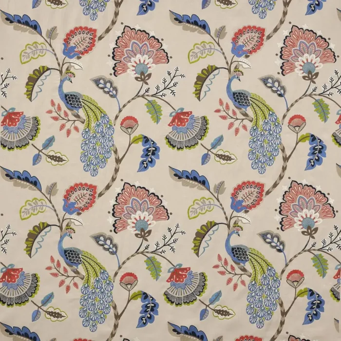 Jaipur Peacock Fabric - Blue / Soft Reds swatch