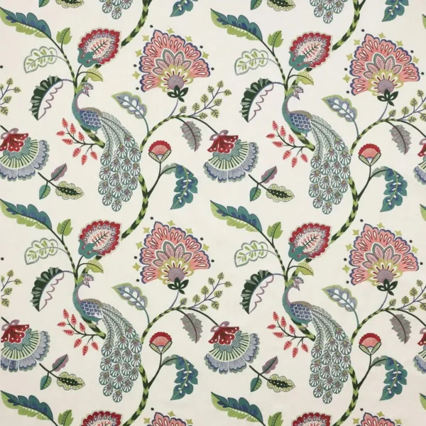 Jaipur Peacock Fabric - Multi by green botanical embroideried fabric from Jane Churchill