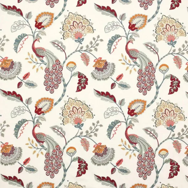 Jaipur Peacock Fabric - Slate / Red by multicolour botanical embroideried fabric from Jane Churchill