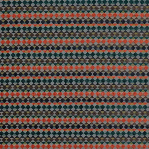 Kaleido Fabric - Midnight / Orange by multicolour geometric velvet-chenille fabric from Jane Churchill
