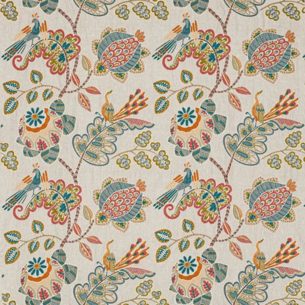 Paradiso Fabric - Tomato / Slate by multicolour botanical embroideried fabric from Jane Churchill