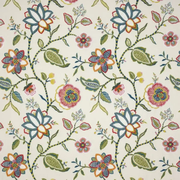 Havana Fabric - Red / Blue by multicolour botanical embroideried fabric from Jane Churchill