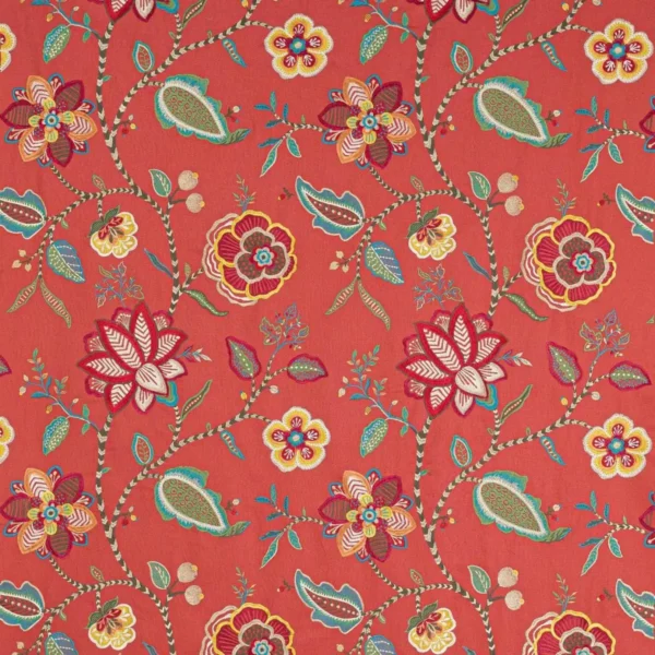 Havana Fabric - Bright Red / Multi by red botanical embroideried fabric from Jane Churchill