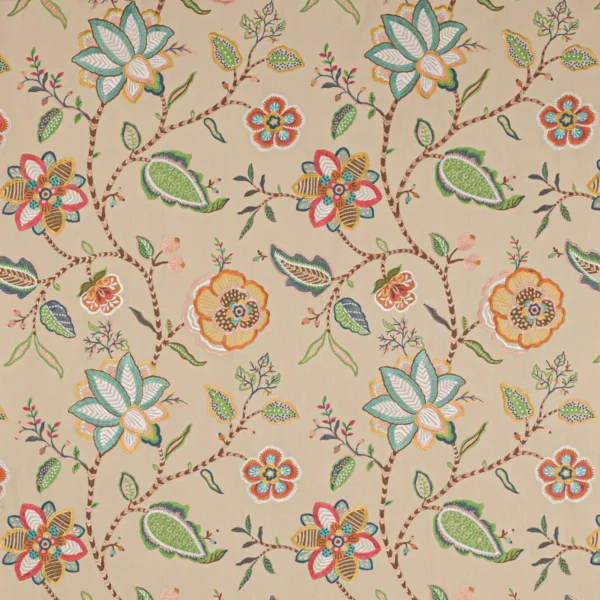 Havana Fabric - Copper / Aqua by multicolour botanical embroideried fabric from Jane Churchill