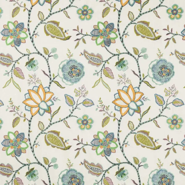 Havana Fabric - Green / Blue by multicolour botanical embroideried fabric from Jane Churchill