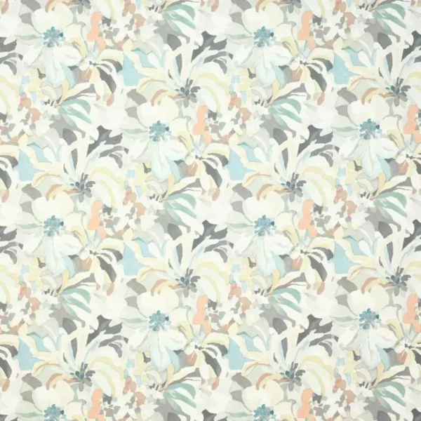 Hot House Fabric - Grey / Aqua by multicolour botanical printed fabric from Jane Churchill
