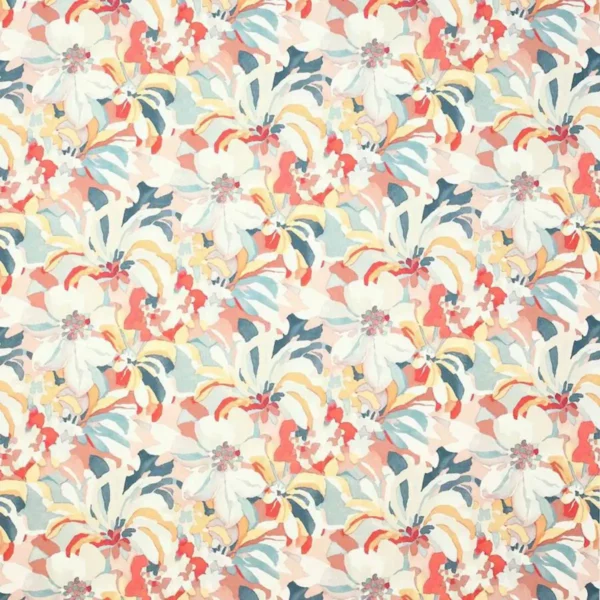 Hot House Fabric - Red / Aqua by multicolour botanical printed fabric from Jane Churchill