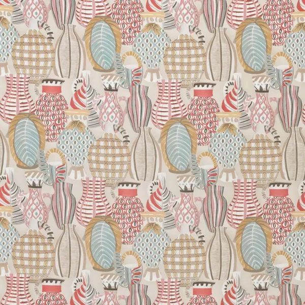 Collioure Fabric - Coral / Duck Egg / Gold by multicolour misc cotton fabric from Nina Campbell