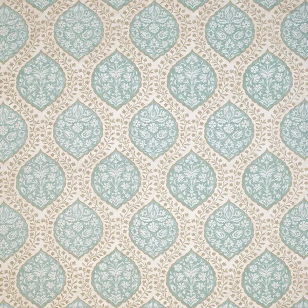 Marguerite Fabric - Aqua / Taupe by blue botanical woven fabric from Nina Campbell