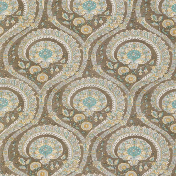 Les Indiennes Fabric - Taupe / Aqua / Yellow by brown botanical linen fabric from Nina Campbell