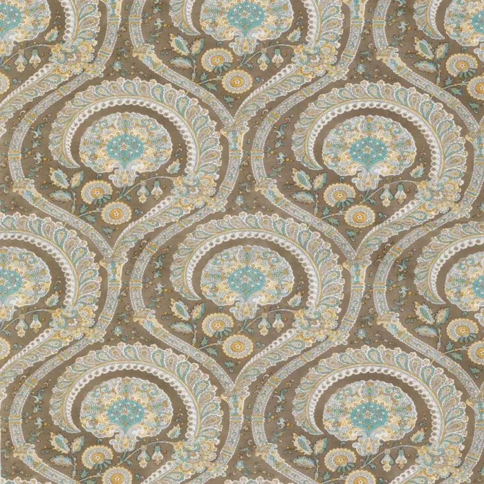 Les Indiennes Fabric - Taupe / Aqua / Yellow swatch