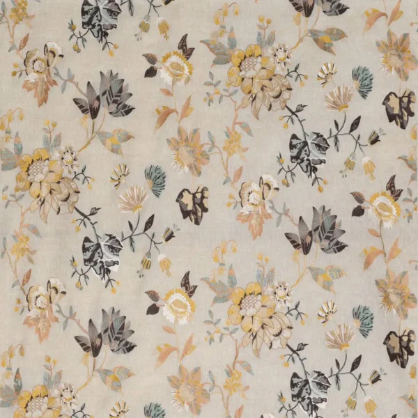 Nemours Fabric - Yellow / Aqua / Chocolate by multicolour botanical embroideried fabric from Nina Campbell