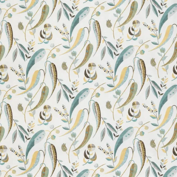 Colbert Fabric - Aqua / Ochre by blue botanical woven fabric from Nina Campbell